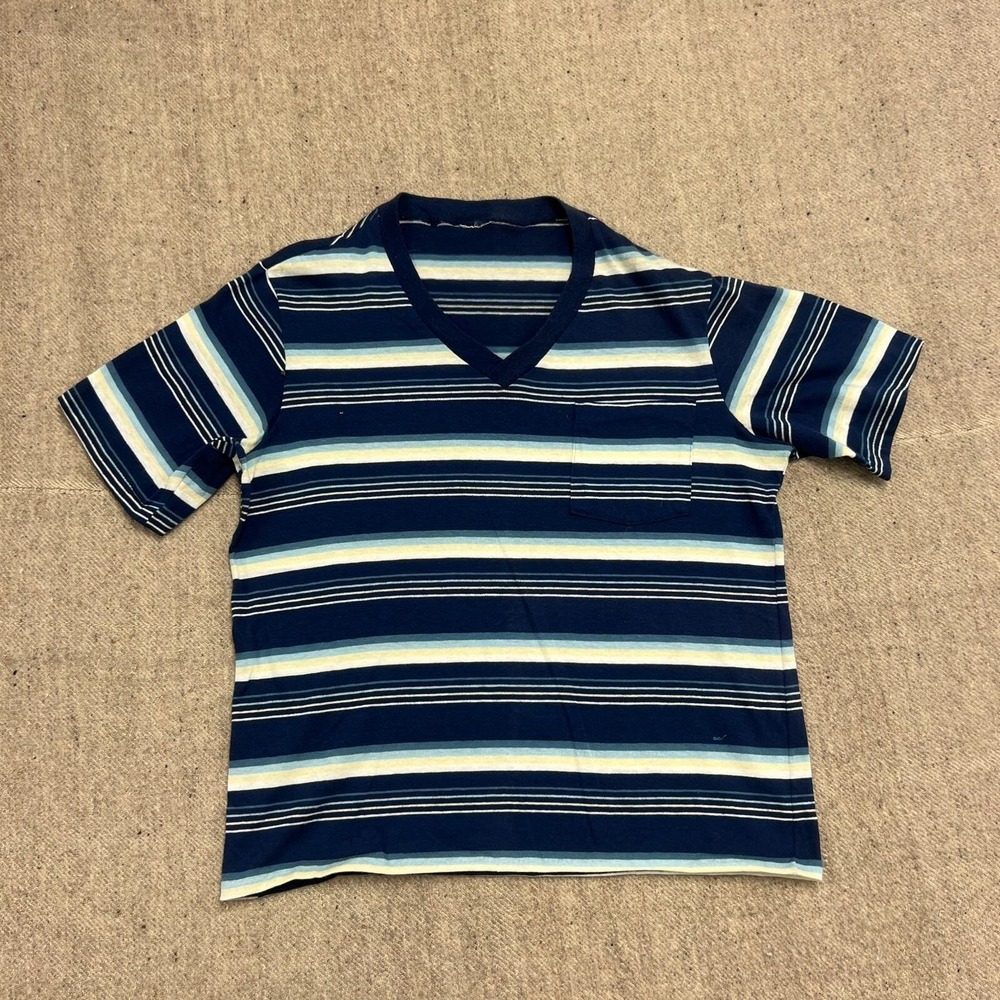 Vintage‎ 1980s Striped Shirt Mens Medium Blue V Neck